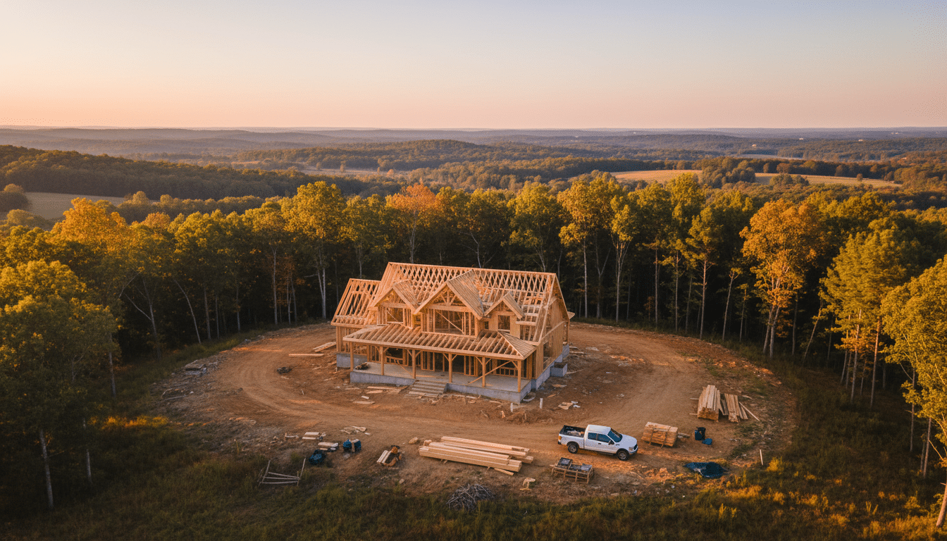 Build on your lot Virginia: custom home under construction on a wooded rural lot