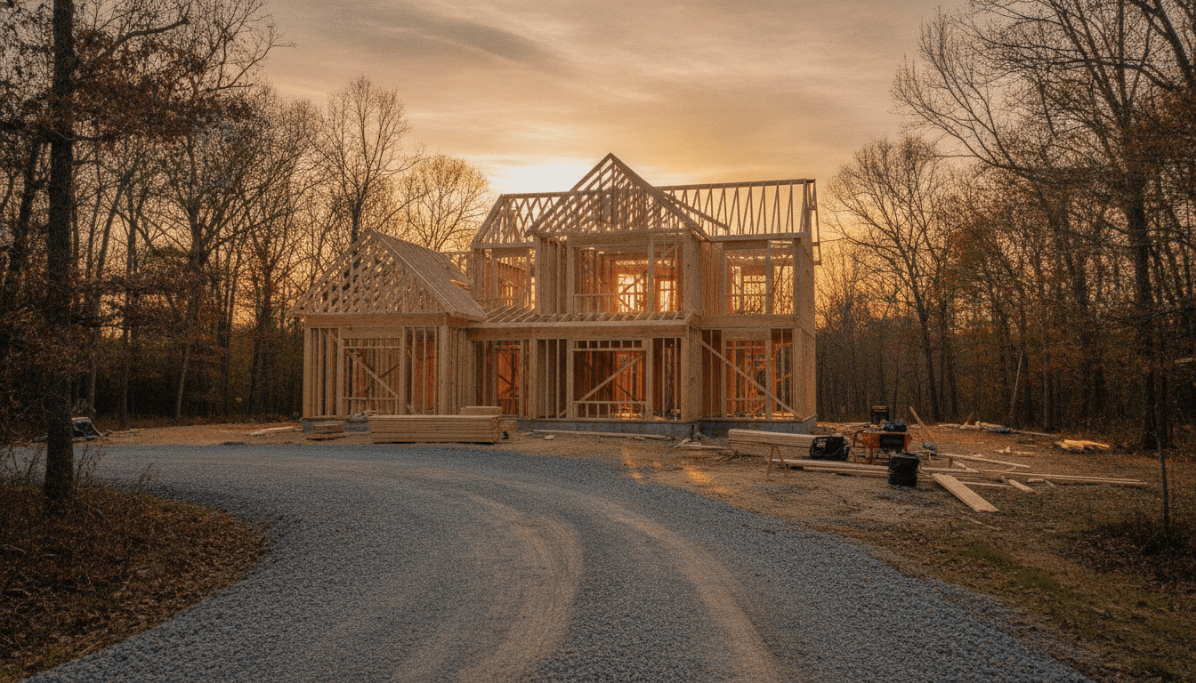 Framing stage of a custom home building timeline in central Virginia